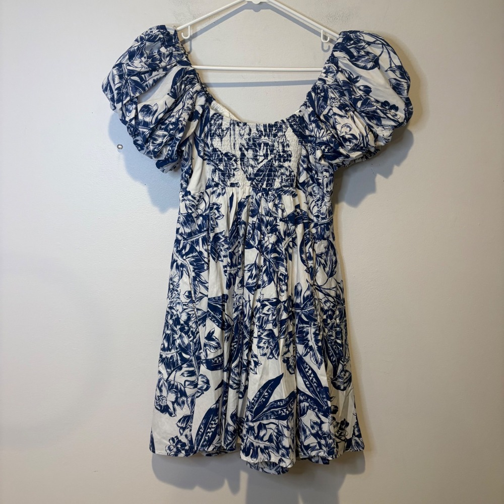 Abercrombie & Fitch Floral Puff Sleeve Mini Dress Womens S Blue Toile Babydoll - Picture 5 of 5